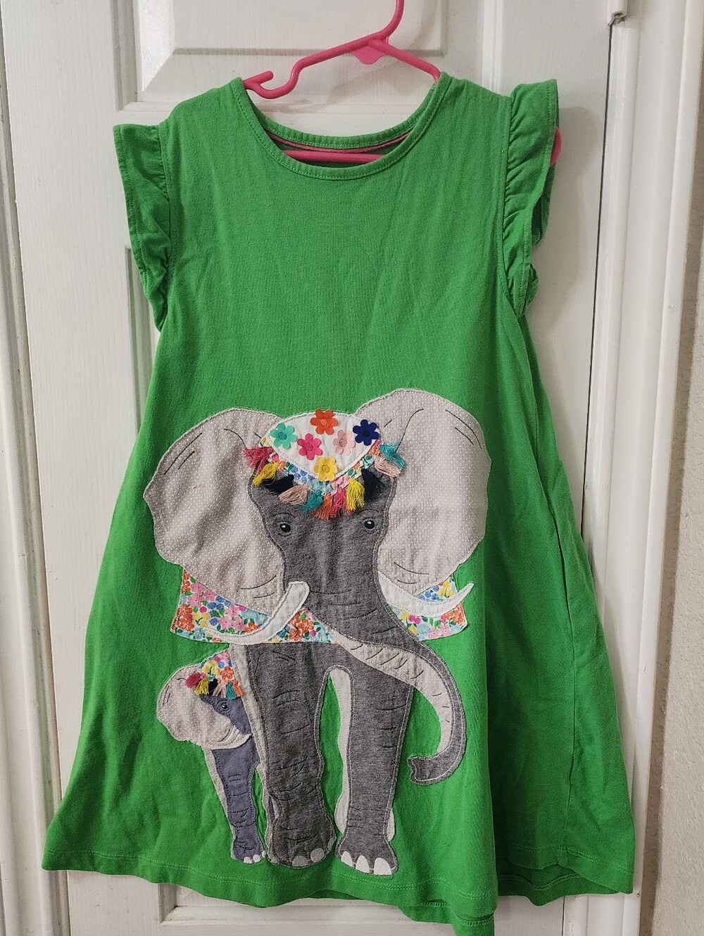 Girls Mini Boden Green Elephant Appliqué Dress Top